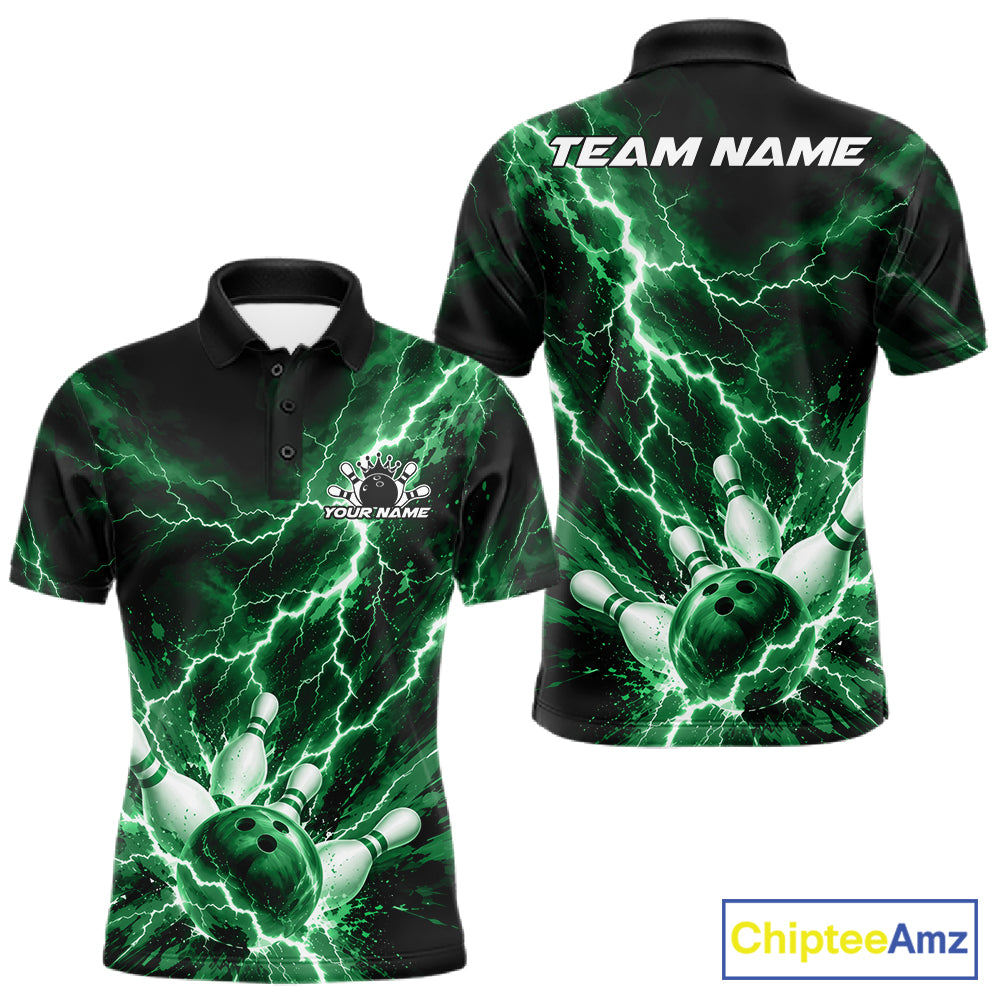 Custom Green Lightning Bowling Team Polo Shirt, Bowling Tournament Jerseys
