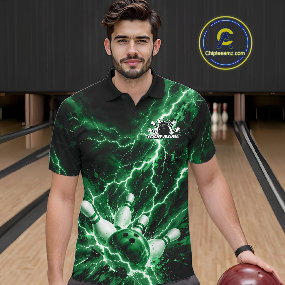 Custom Green Lightning Bowling Team Polo Shirt, Bowling Tournament Jerseys