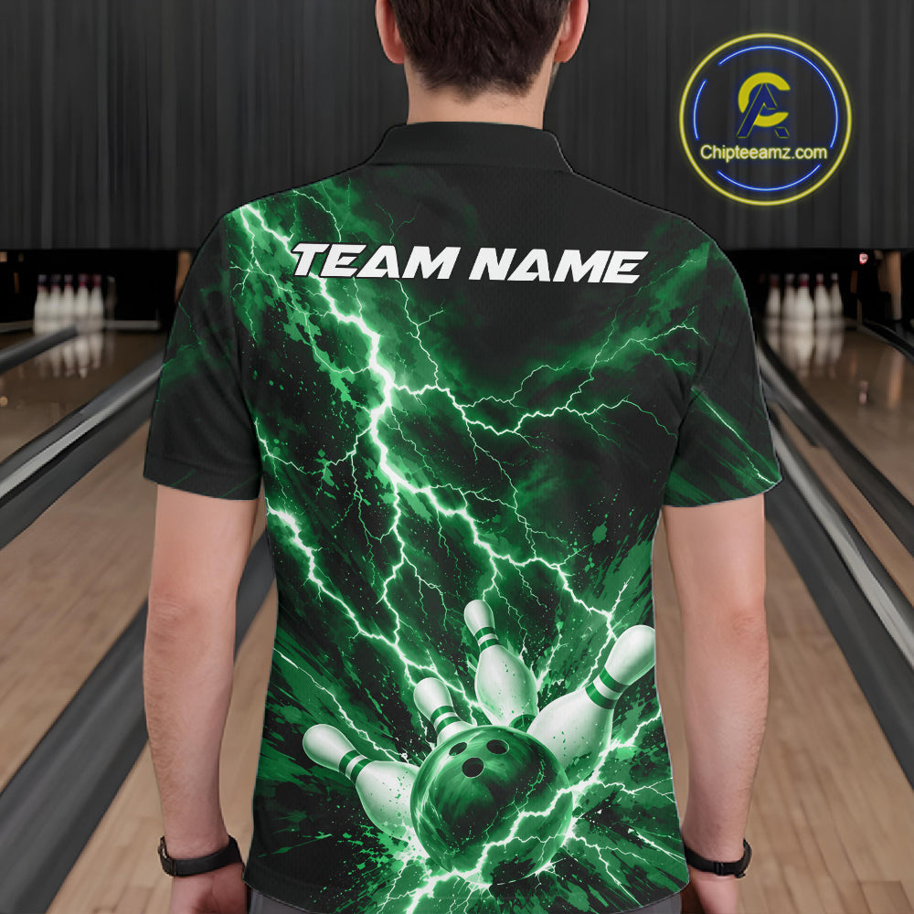 Custom Green Lightning Bowling Team Polo Shirt, Bowling Tournament Jerseys