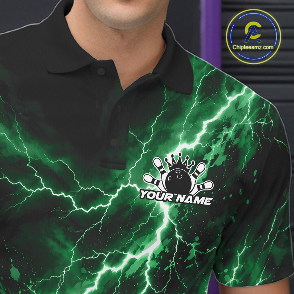 Custom Green Lightning Bowling Team Polo Shirt, Bowling Tournament Jerseys