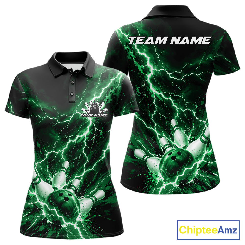 Custom Green Lightning Bowling Team Polo Shirt, Bowling Tournament Jerseys