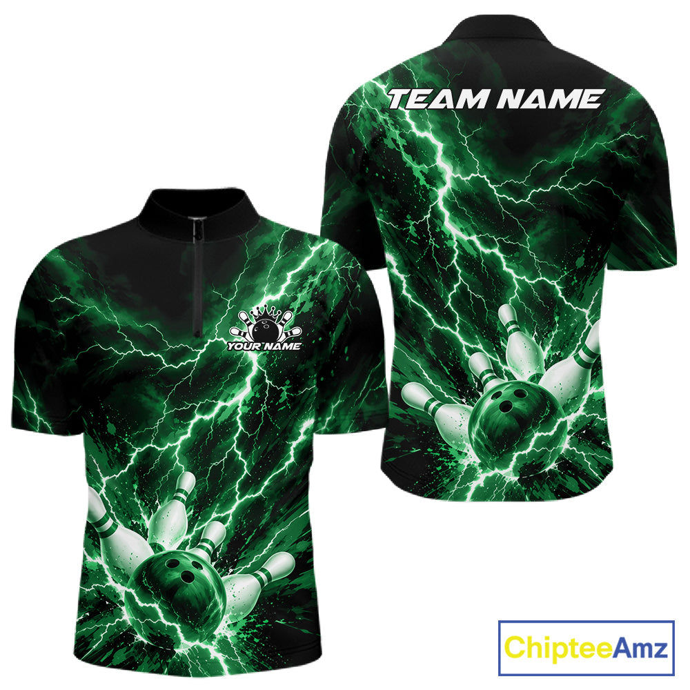 Custom Green Lightning Bowling Team Quarter Zip Shirt, Bowling Tournament Jerseys