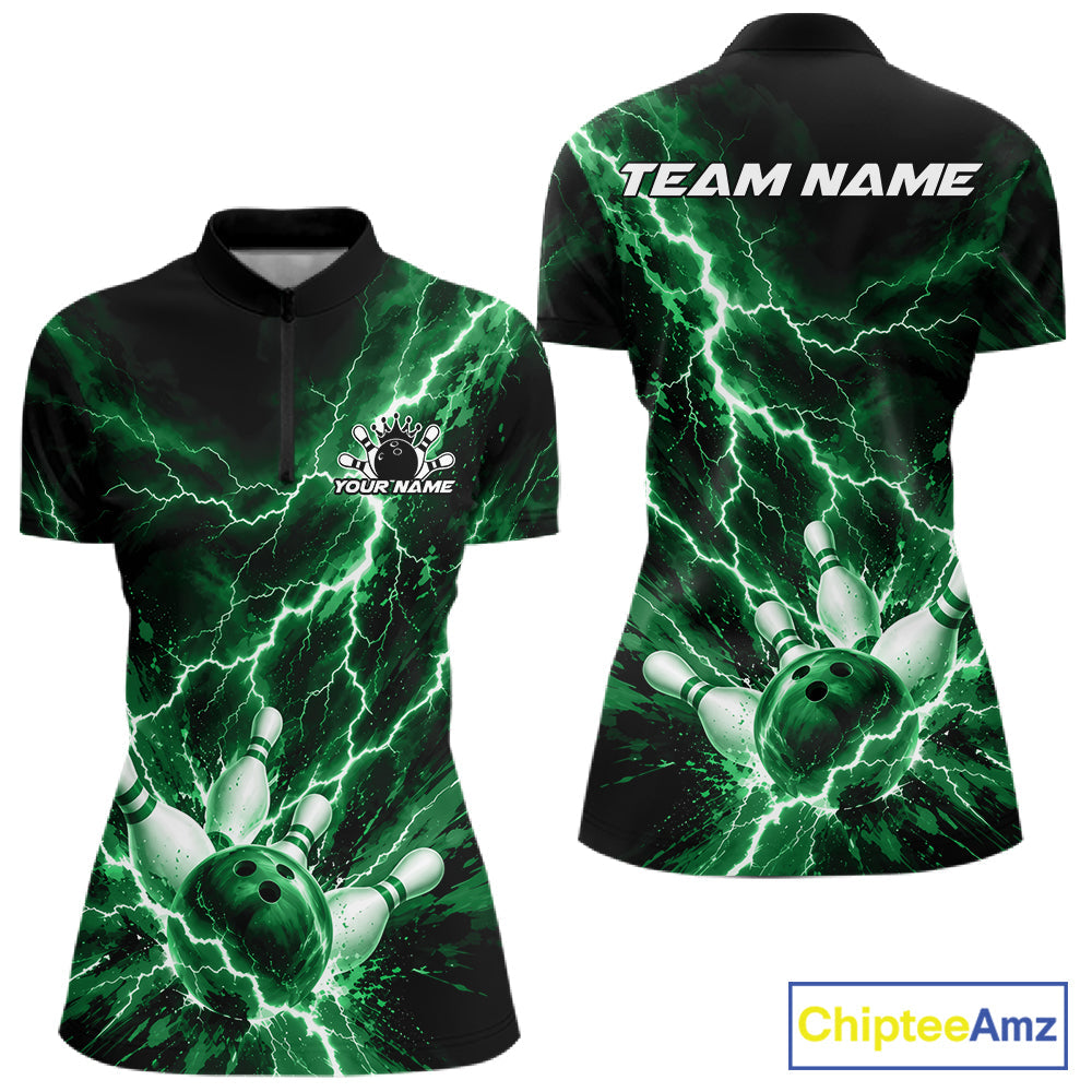 Custom Green Lightning Bowling Team Quarter-Zip Shirt, Bowling Tournament Jerseys