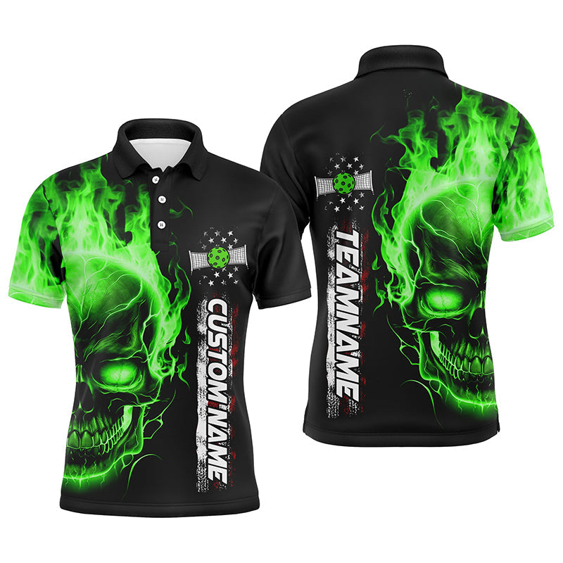 Flame Skull American Flag Custom Team Pickleball Shirts, Patriotic Pickleball Jerseys