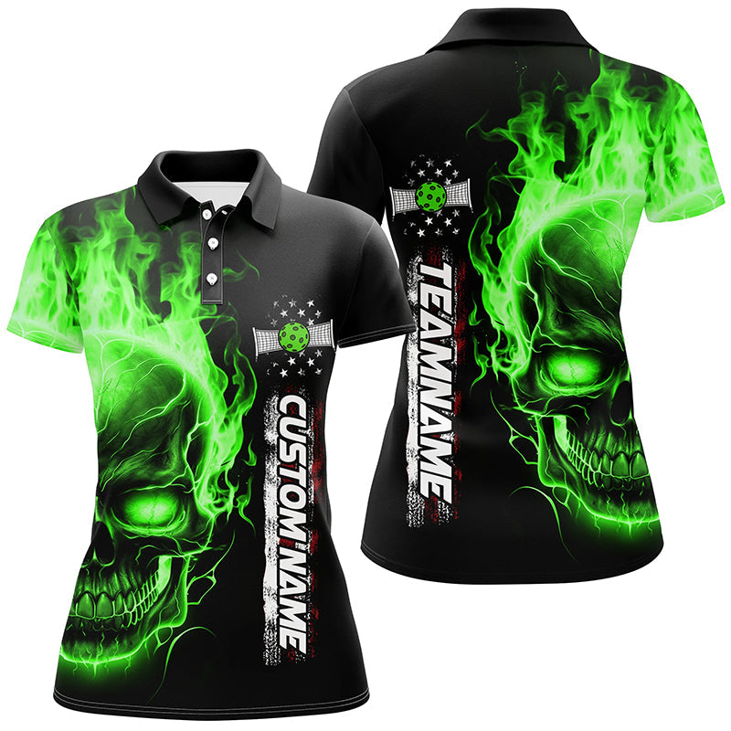 Flame Skull American Flag Custom Team Pickleball Shirts, Patriotic Pickleball Jerseys