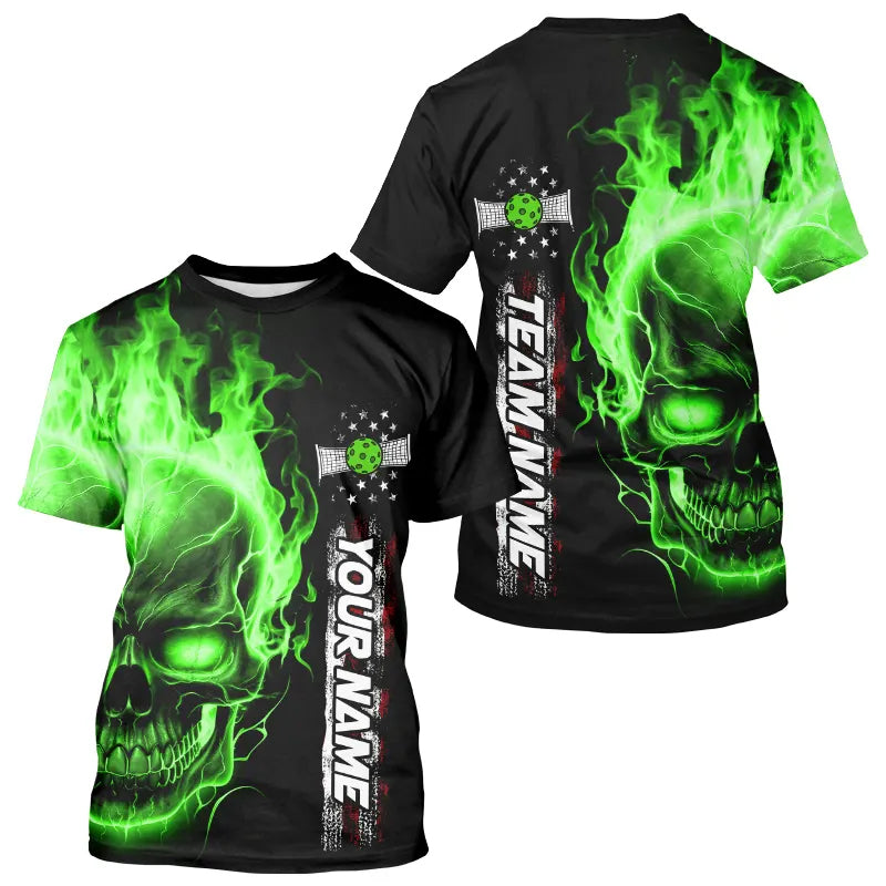 Flame Skull American Flag Custom Team Pickleball Shirts, Patriotic Pickleball Jerseys