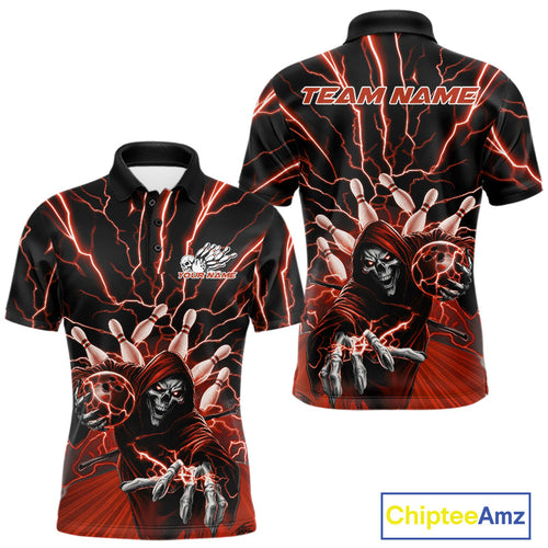 Custom Black And Red Lightning Grim Reaper Bowling Polo Shirt, Halloween Outfit