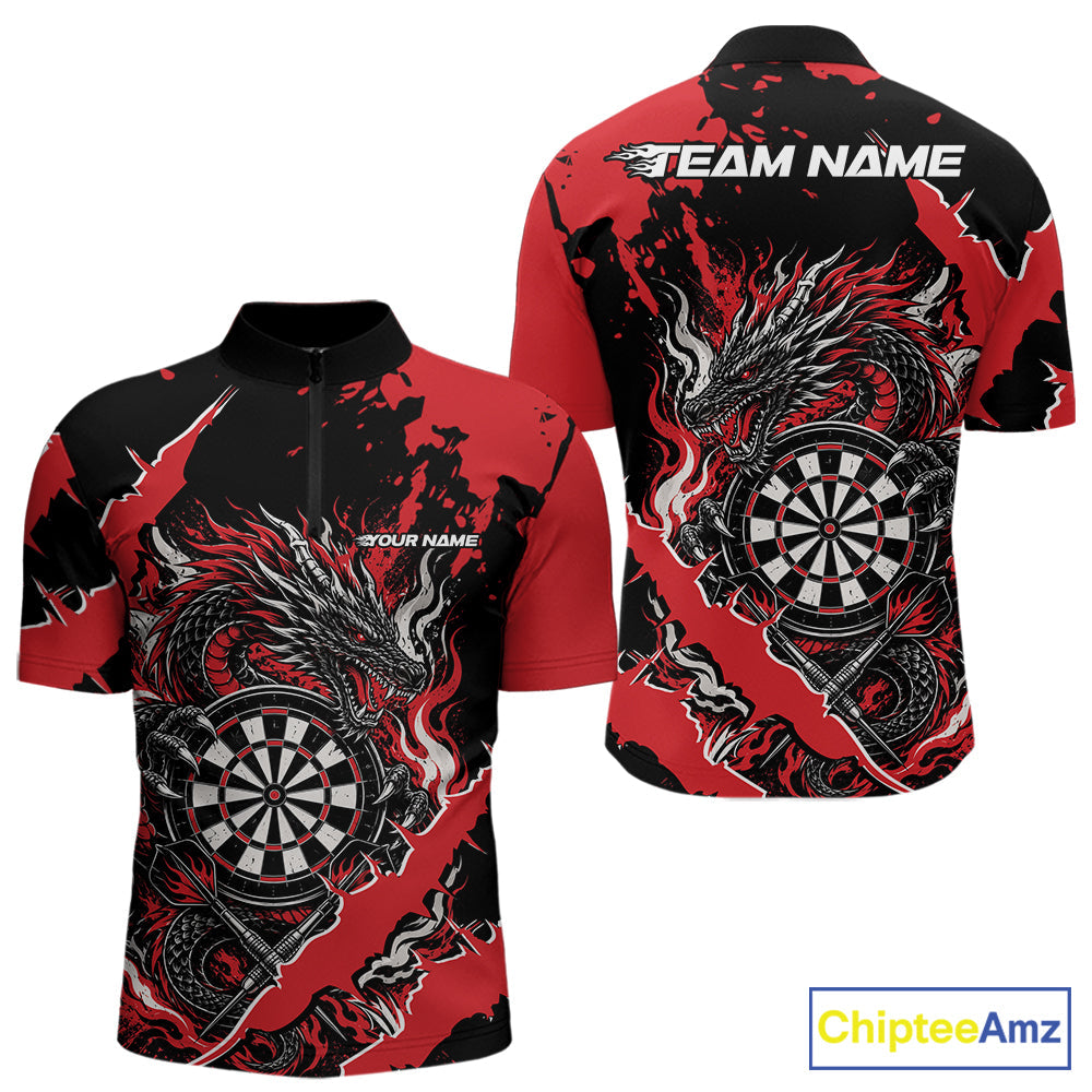 Custom Black And Red Splatter Dragon Claw Marks Dart Quarter Zip Shirt, Dart Jersey