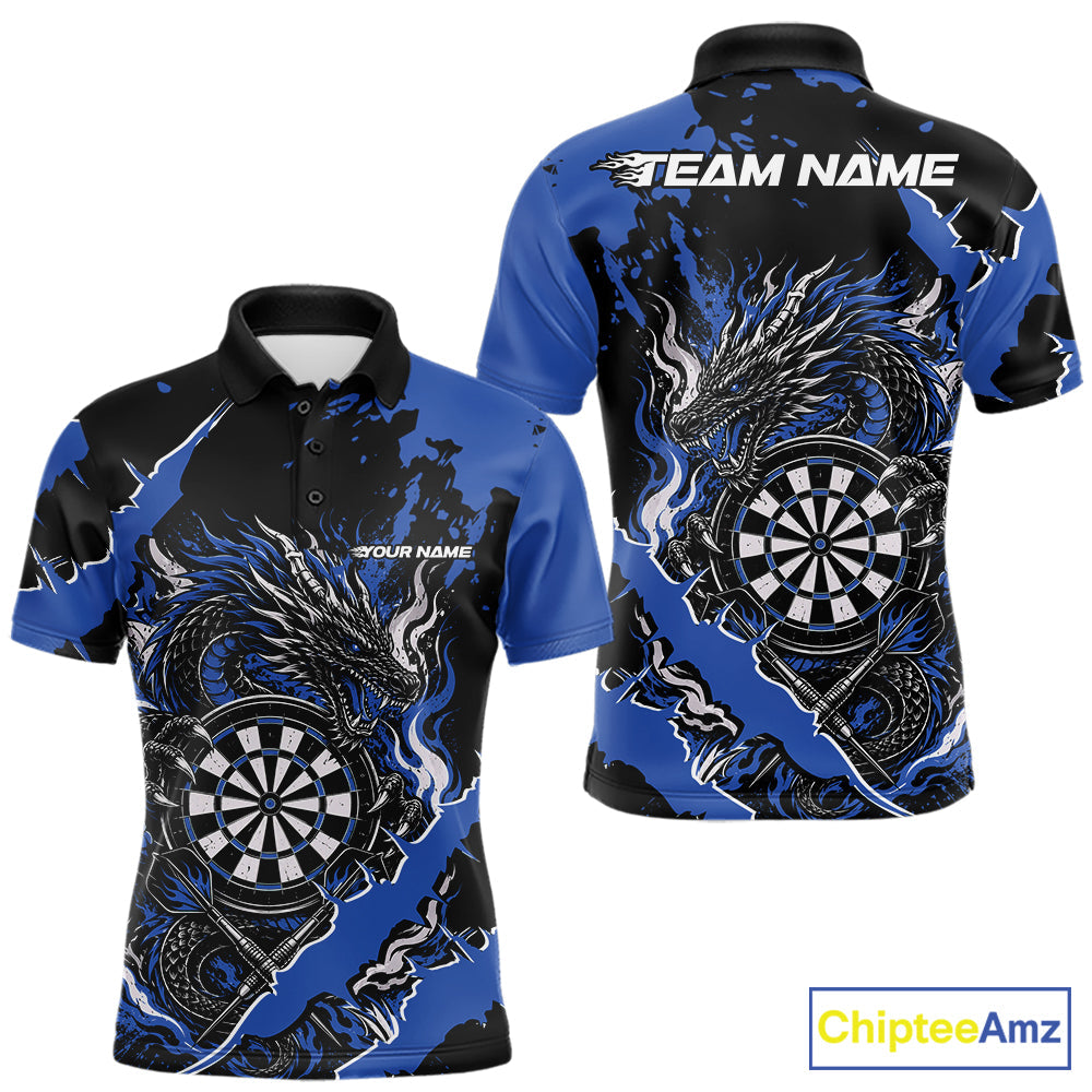 Custom Black And Blue Splatter Dragon Claw Marks Dart Polo Shirt, Dart Jersey
