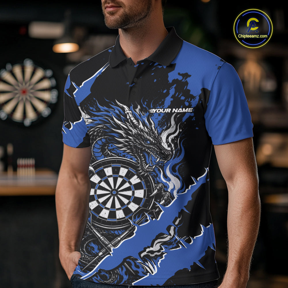 Custom Black And Blue Splatter Dragon Claw Marks Dart Polo Shirt, Dart Jersey