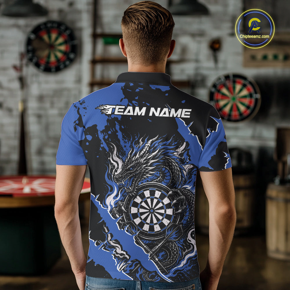 Custom Black And Blue Splatter Dragon Claw Marks Dart Polo Shirt, Dart Jersey