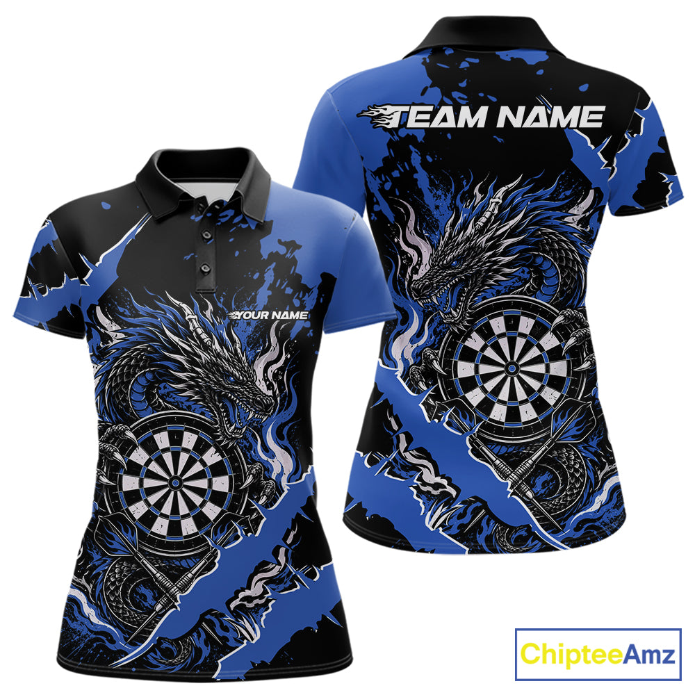Custom Black And Blue Splatter Dragon Claw Marks Dart Polo Shirt, Dart Jersey