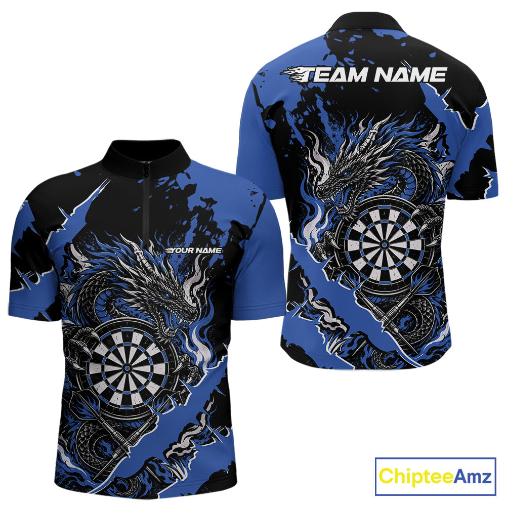 Custom Black And Blue Splatter Dragon Claw Marks Dart Quarter Zip Shirt, Dart Jersey