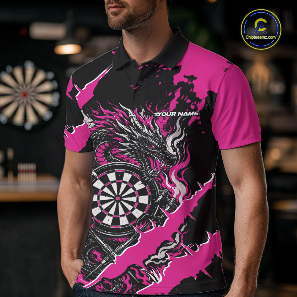 Custom Black And Pink Splatter Dragon Claw Marks Dart Polo Shirt, Dart Jersey
