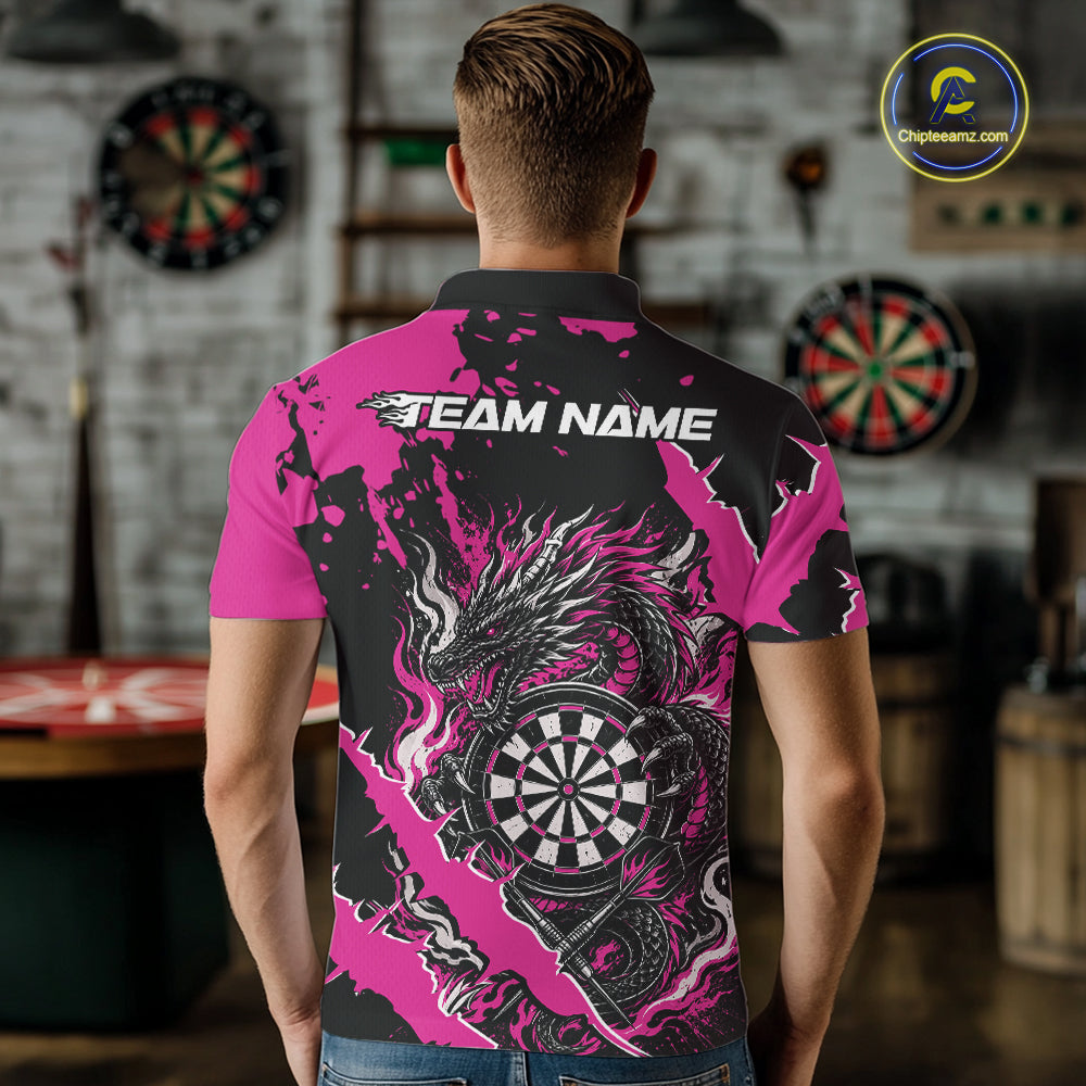 Custom Black And Pink Splatter Dragon Claw Marks Dart Polo Shirt, Dart Jersey