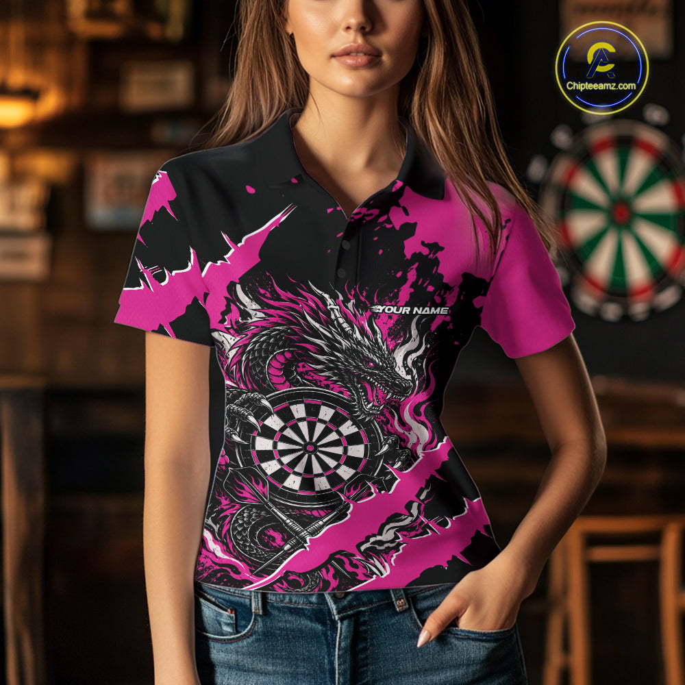 Custom Black And Pink Splatter Dragon Claw Marks Dart Polo Shirt, Dart Jersey