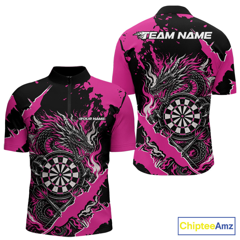 Custom Black And Pink Splatter Dragon Claw Marks Dart Quarter Zip Shirt, Dart Jersey