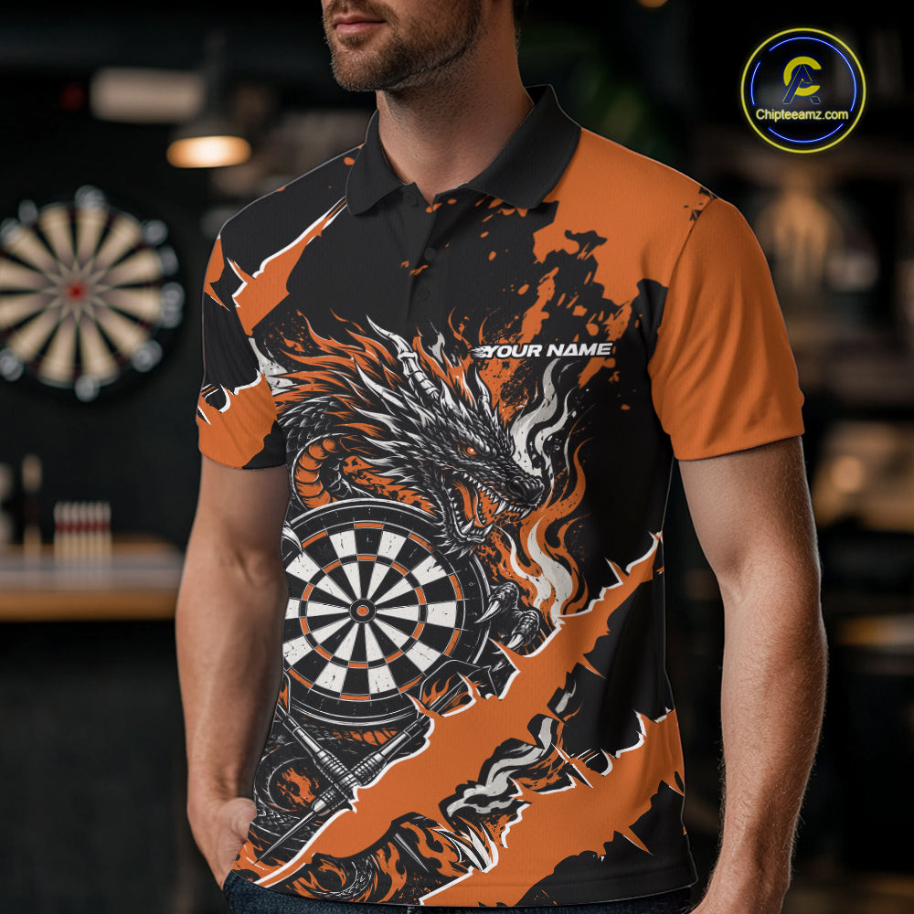 Custom Black And Orange Splatter Dragon Claw Marks Dart Polo Shirt, Dart Jersey