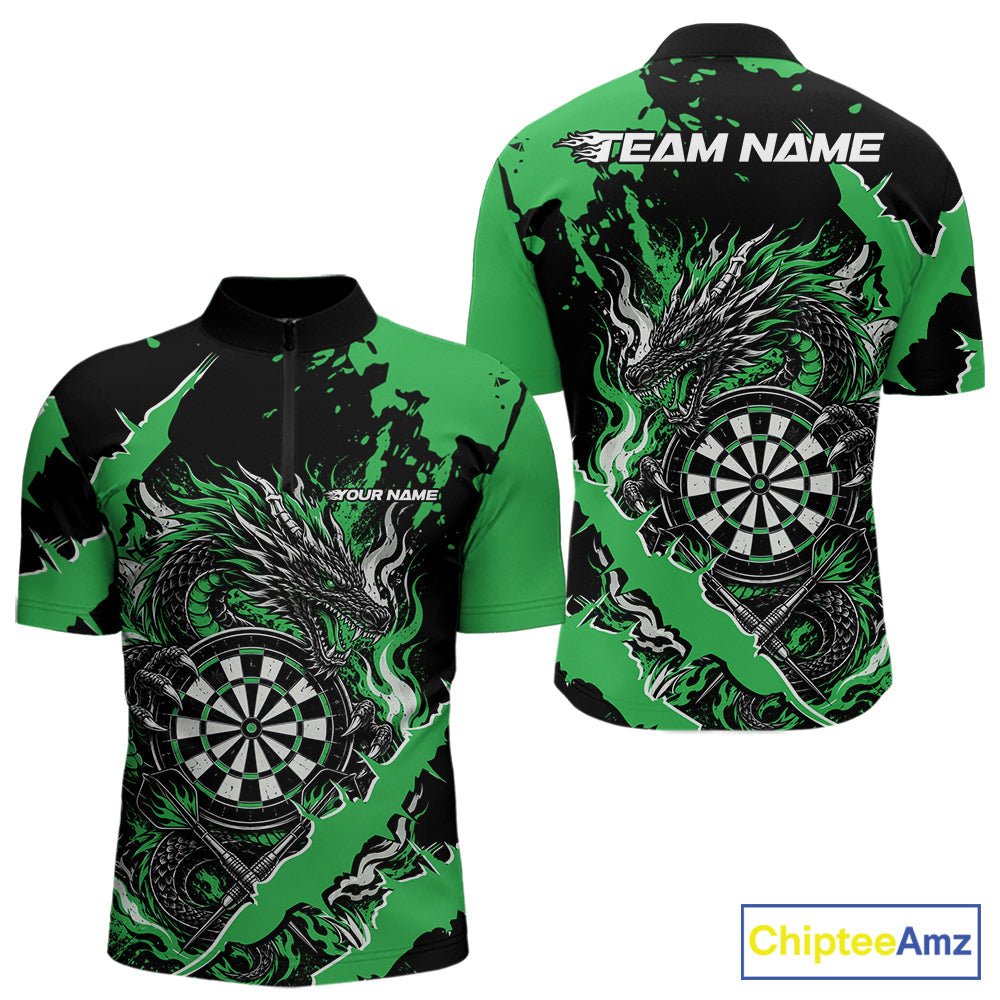Custom Black And Green Splatter Dragon Claw Marks Dart Quarter Zip Shirt, Dart Jersey