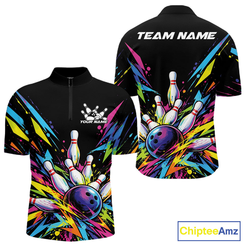 Custom Colorful Bowling Team Quarter Zip Shirt, Bowling Tournament Jersey Bowler Gift
