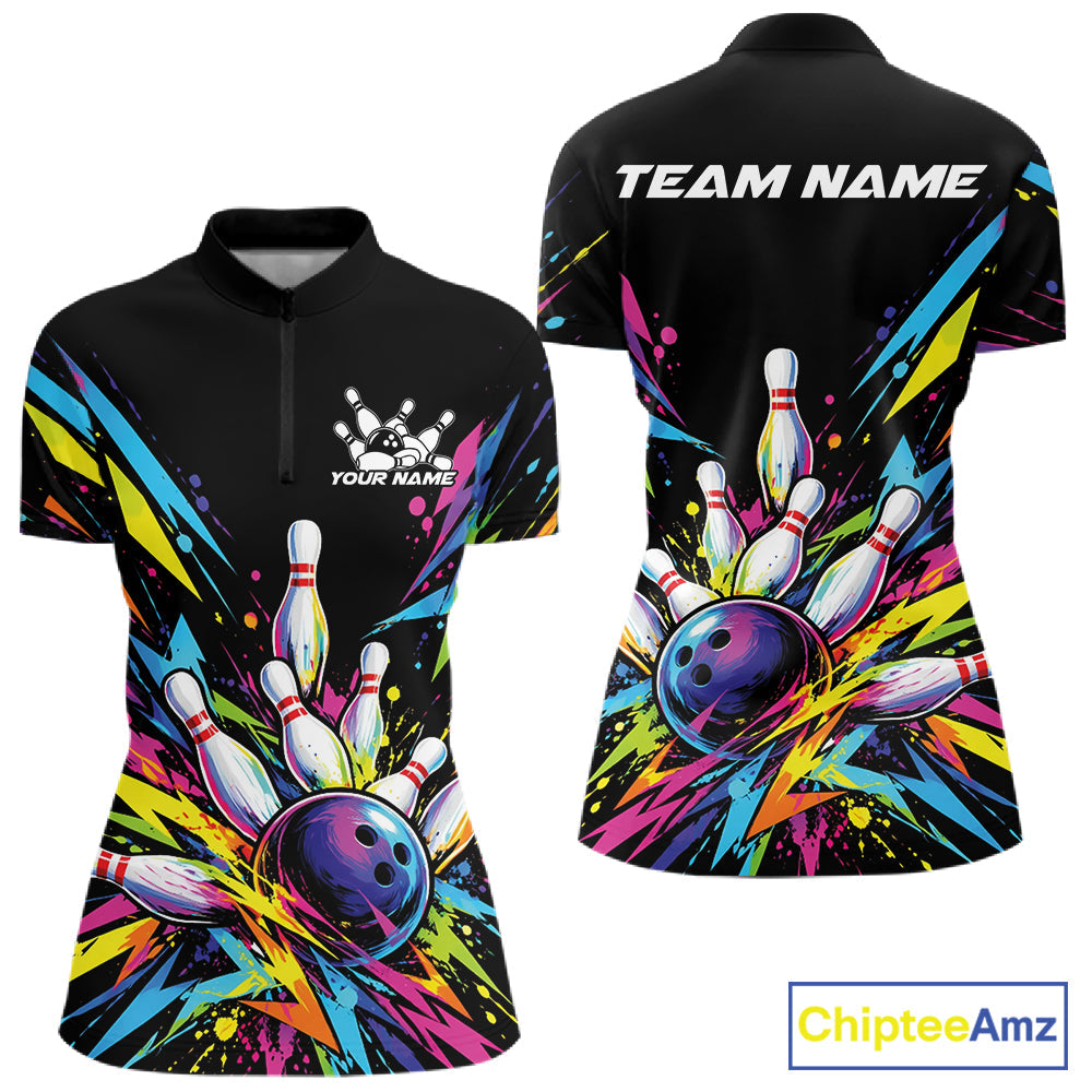 Custom Colorful Bowling Team Quarter-Zip Shirt, Bowling Jersey Bowler Gift