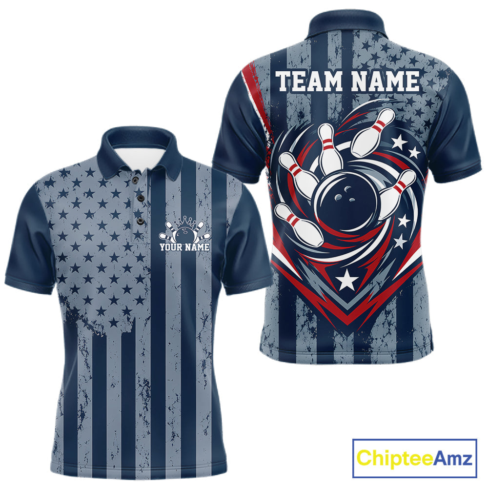 Grunge American Flag Custom Vintage Patriotic Bowling Polo Shirt, Bowling Jersey
