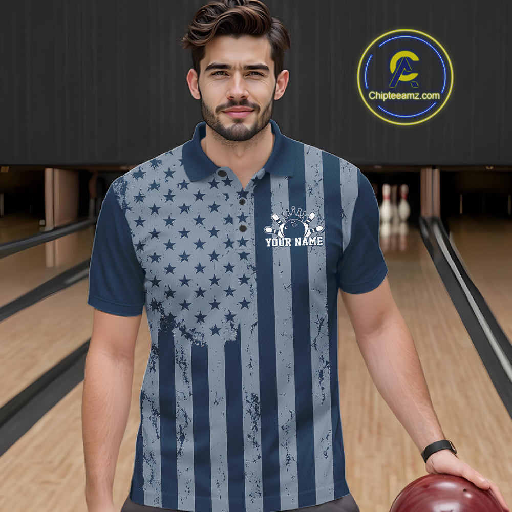 Grunge American Flag Custom Vintage Patriotic Bowling Polo Shirt, Bowling Jersey