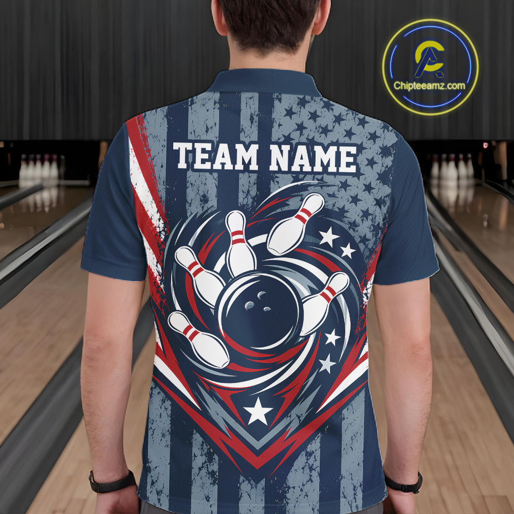 Grunge American Flag Custom Vintage Patriotic Bowling Polo Shirt, Bowling Jersey