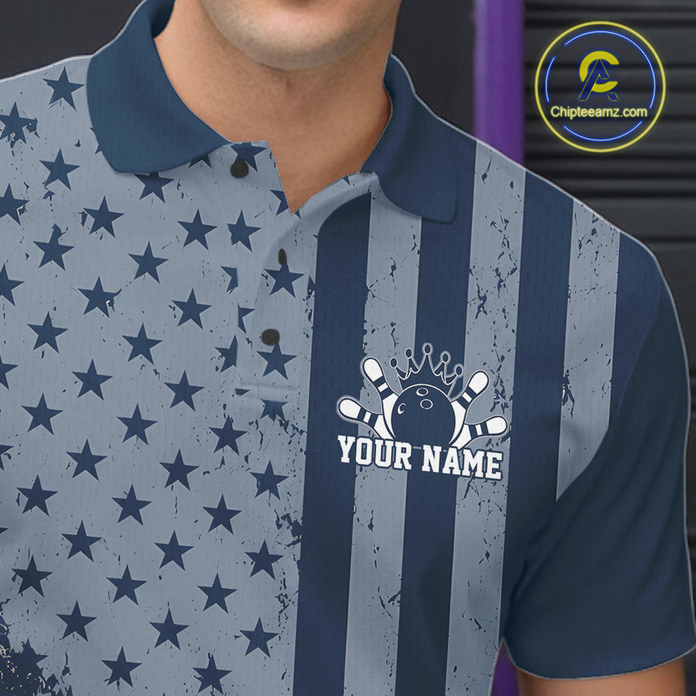 Grunge American Flag Custom Vintage Patriotic Bowling Polo Shirt, Bowling Jersey