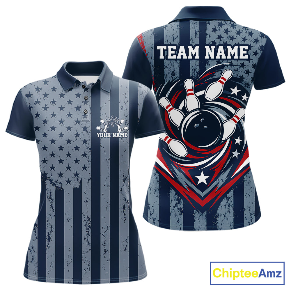 Grunge American Flag Custom Vintage Patriotic Bowling Polo Shirt, Bowling Jersey