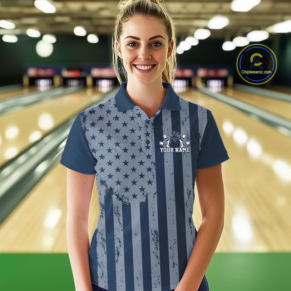 Grunge American Flag Custom Vintage Patriotic Bowling Polo Shirt, Bowling Jersey