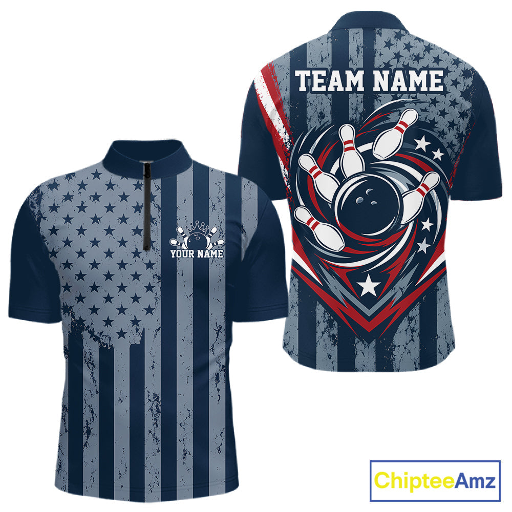 Grunge American Flag Custom Vintage Patriotic Bowling Quarter Zip Shirt, Bowling Jersey