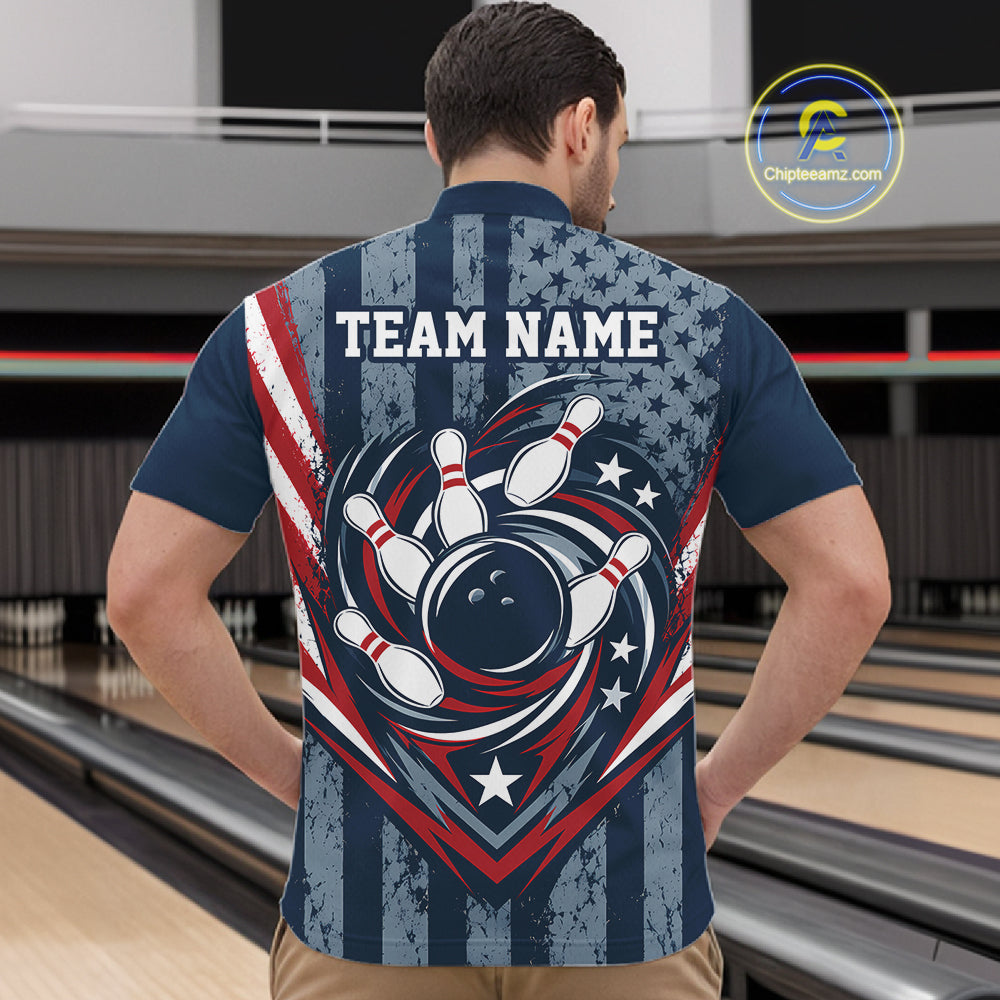 Grunge American Flag Custom Vintage Patriotic Bowling Quarter Zip Shirt, Bowling Jersey