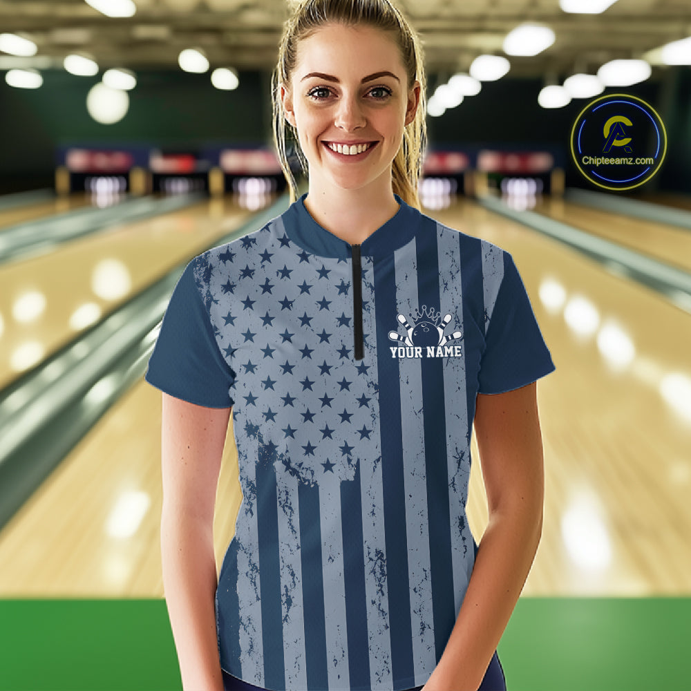 Grunge American Flag Custom Vintage Patriotic Bowling Quarter-Zip Shirt