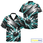 Custom Black And Teal Flame Bowling Jersey, Bowling Button Up Team Shirt And