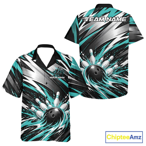 Custom Black And Teal Flame Bowling Jersey, Bowling Button Up Team Shirt And