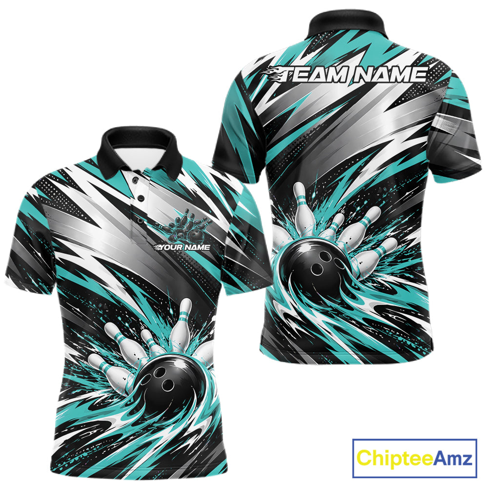 Custom Black And Teal Flame Bowling Jersey, Bowling Polo Team Shirt