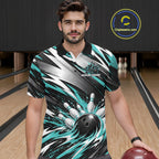 Custom Black And Teal Flame Bowling Jersey, Bowling Polo Team Shirt