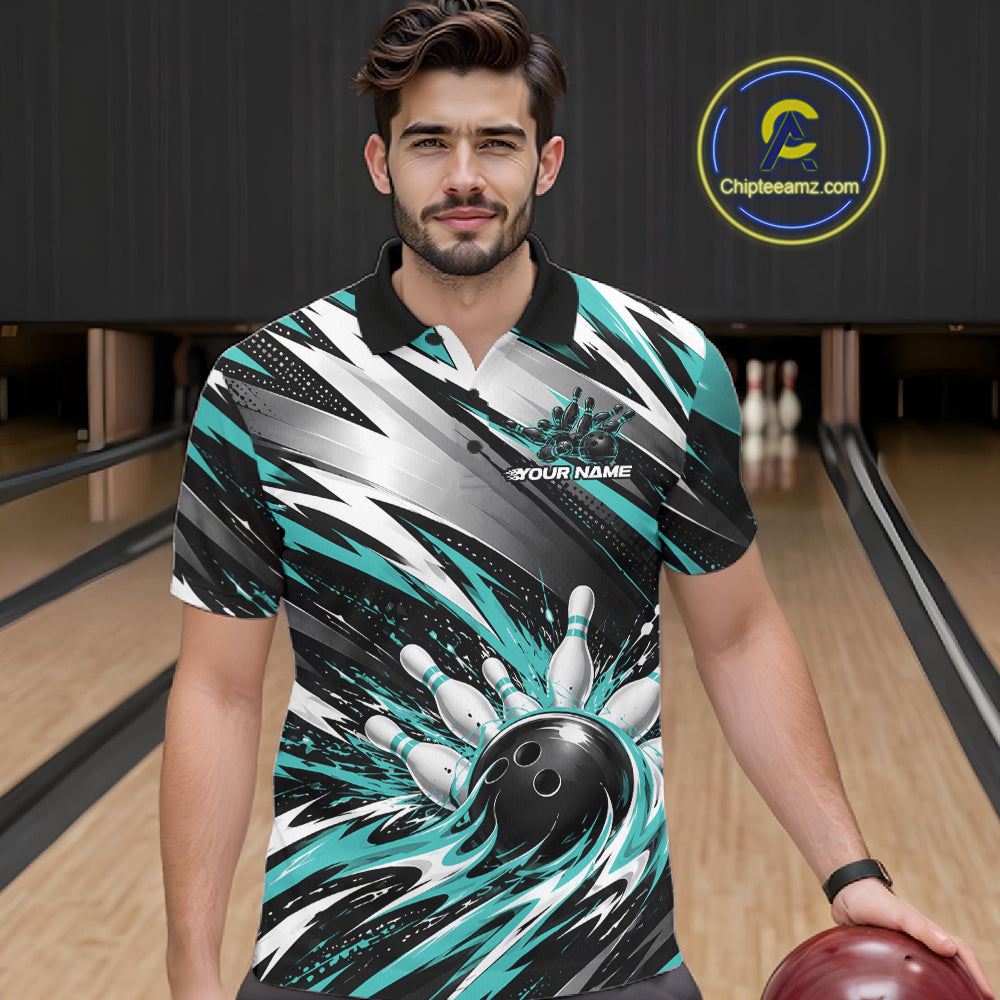 Custom Black And Teal Flame Bowling Jersey, Bowling Polo Team Shirt