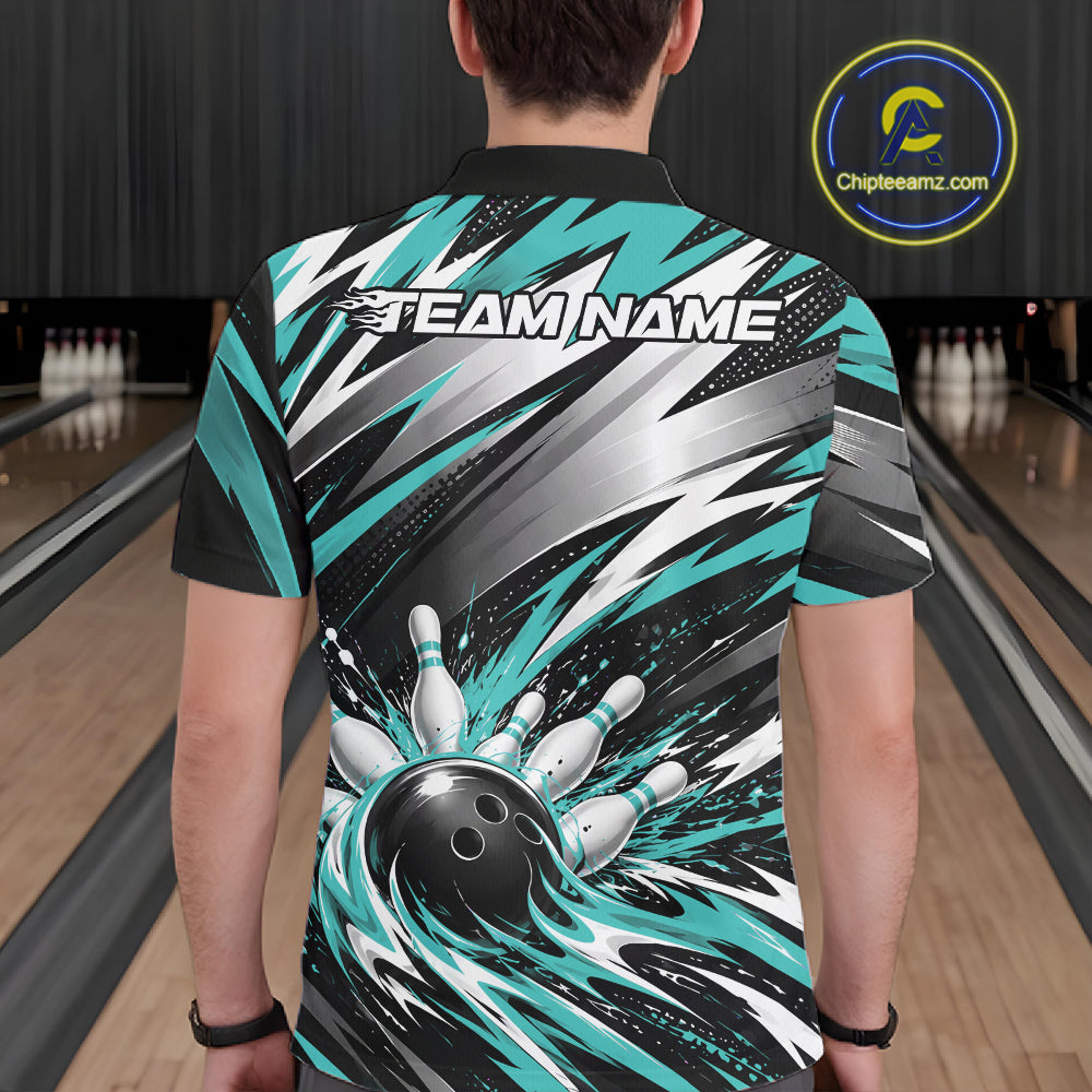 Custom Black And Teal Flame Bowling Jersey, Bowling Polo Team Shirt
