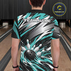Custom Black And Teal Flame Bowling Jersey, Bowling Polo Team Shirt