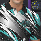 Custom Black And Teal Flame Bowling Jersey, Bowling Polo Team Shirt