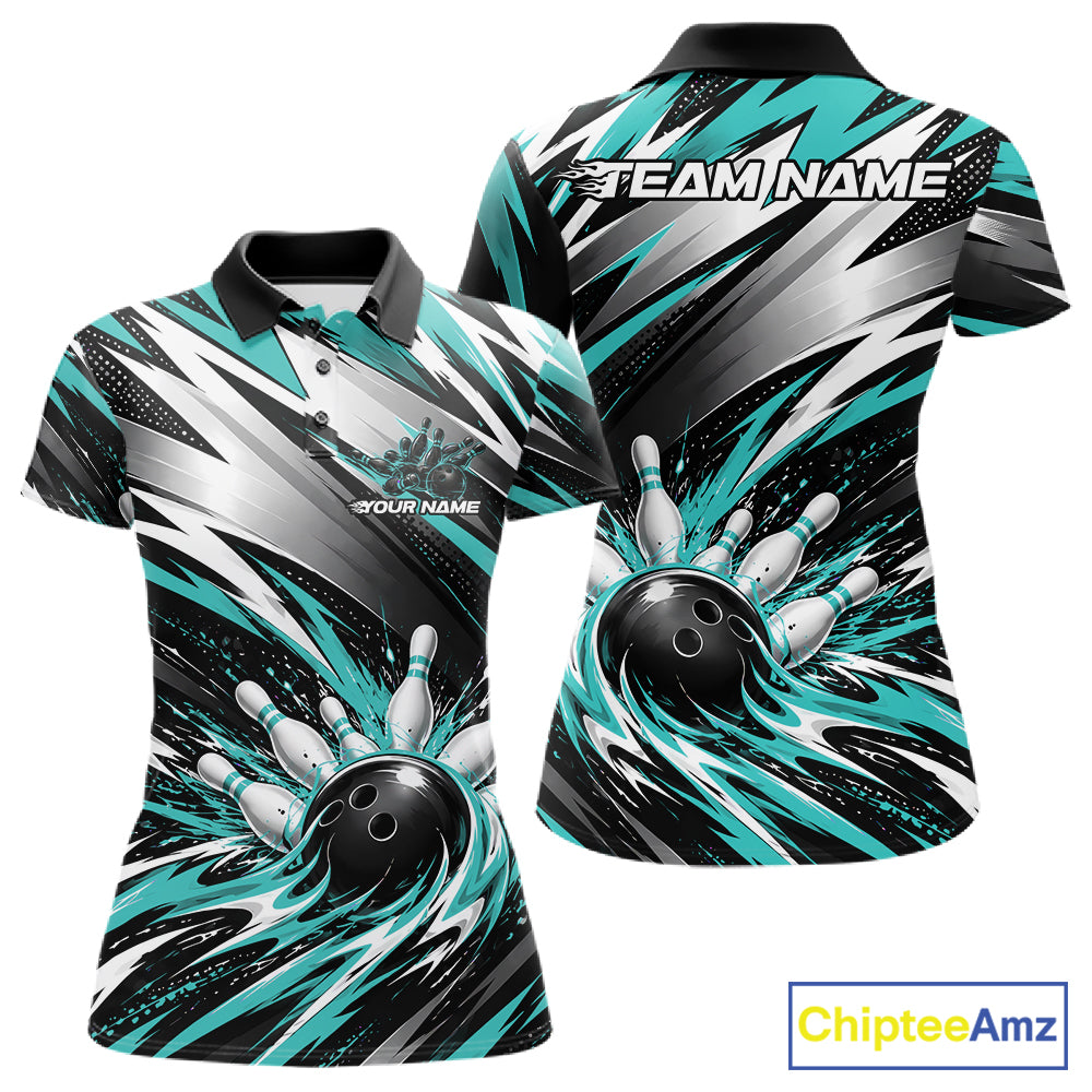 Custom Black And Teal Flame Bowling Jersey, Bowling Polo Team Shirt