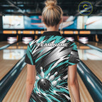 Custom Black And Teal Flame Bowling Jersey, Bowling Polo Team Shirt
