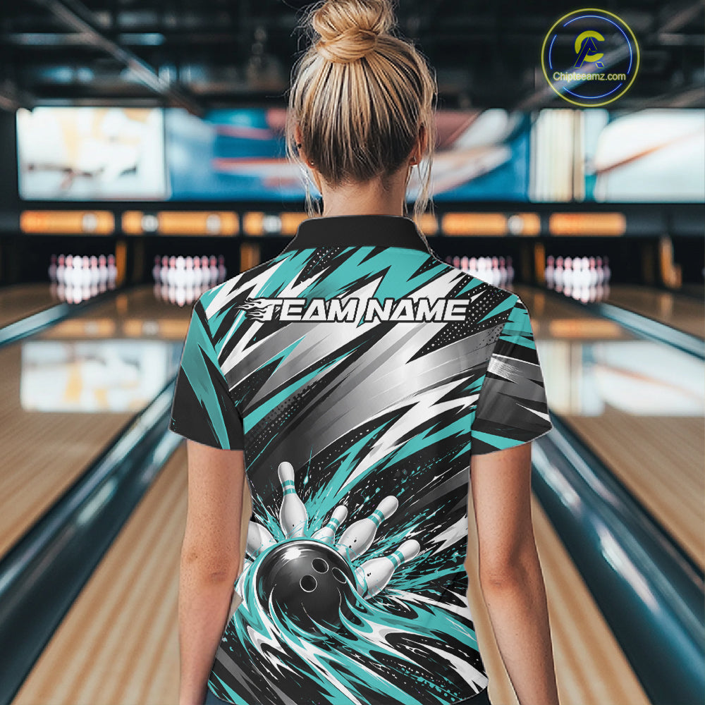Custom Black And Teal Flame Bowling Jersey, Bowling Polo Team Shirt
