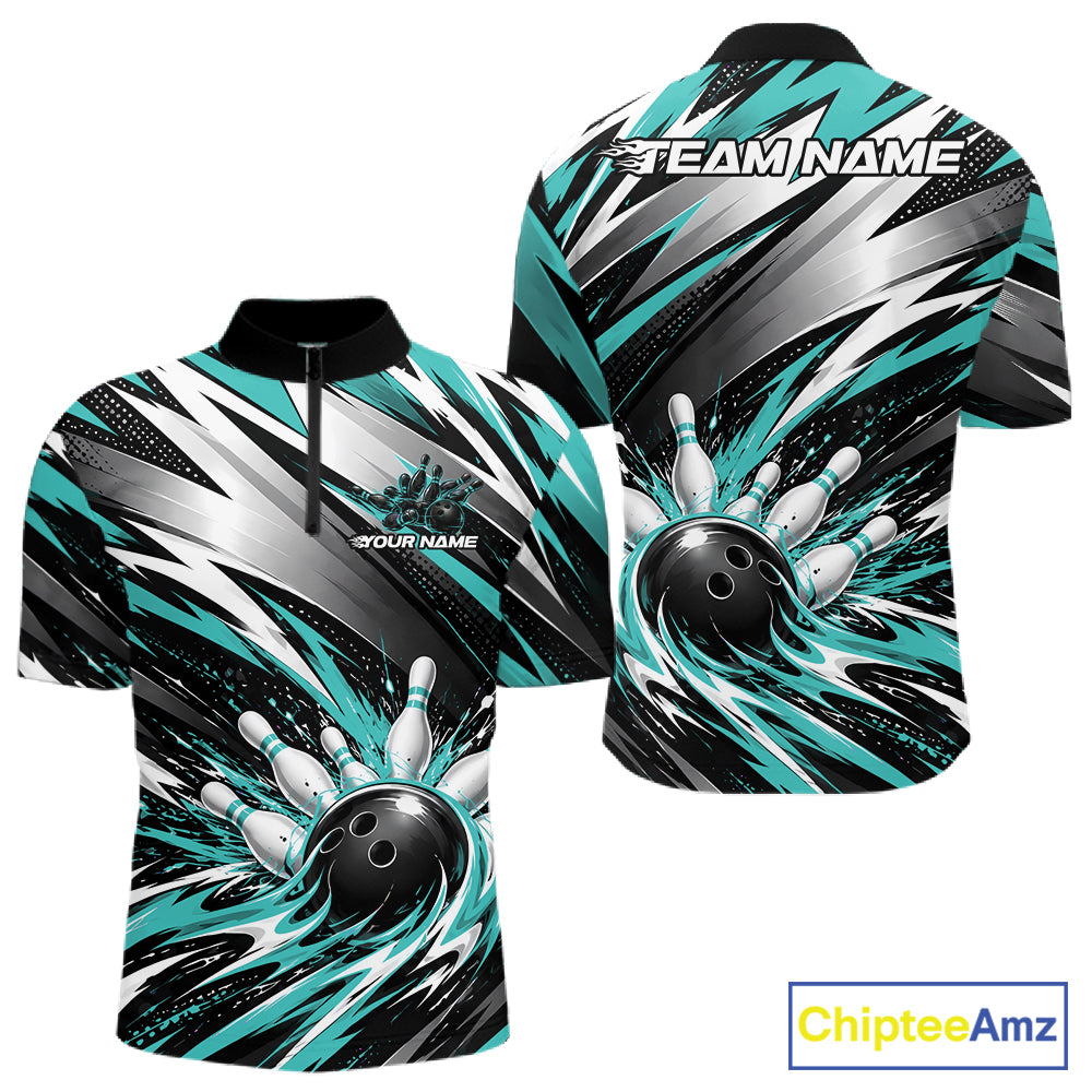 Custom Black And Teal Flame Bowling Jersey, Bowling Quarter Zip Team Shirt