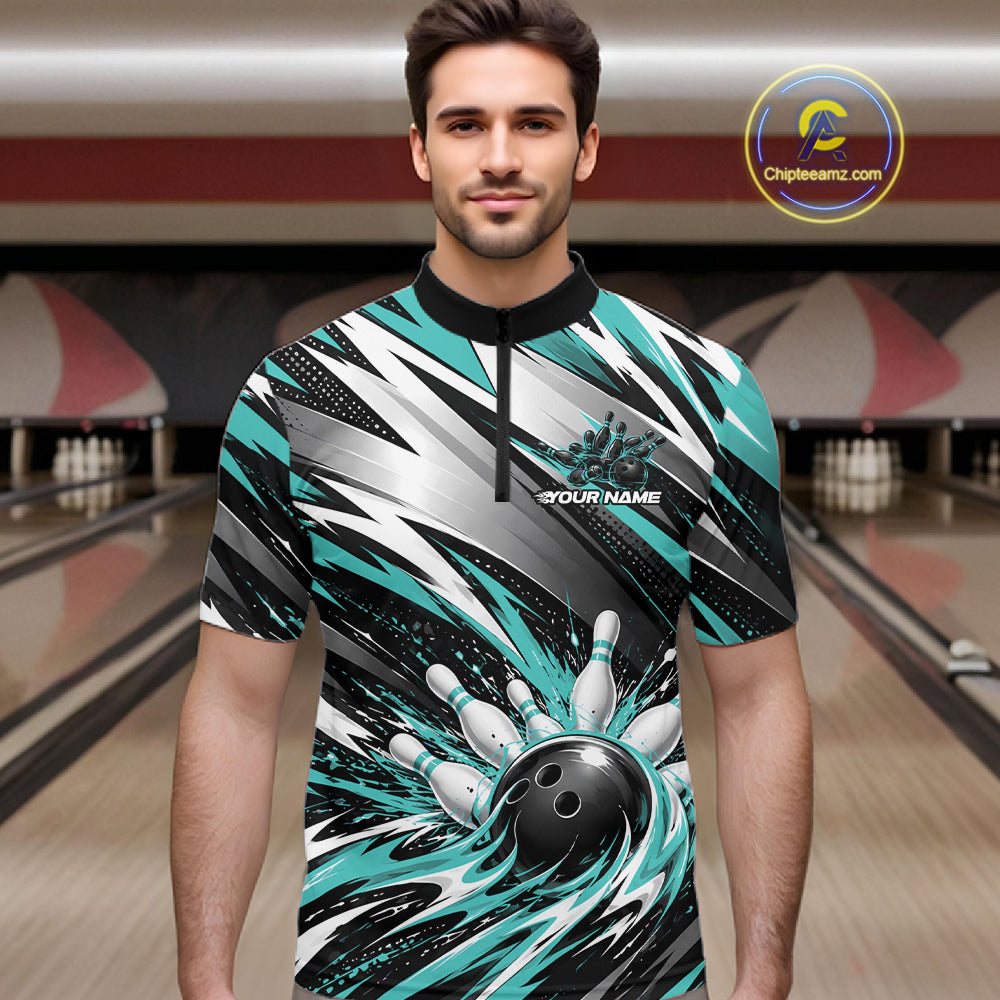Custom Black And Teal Flame Bowling Jersey, Bowling Quarter Zip Team Shirt