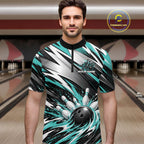Custom Black And Teal Flame Bowling Jersey, Bowling Quarter Zip Team Shirt