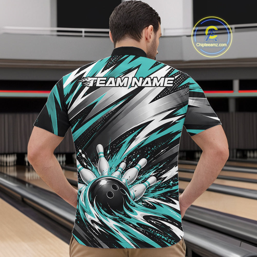 Custom Black And Teal Flame Bowling Jersey, Bowling Quarter Zip Team Shirt
