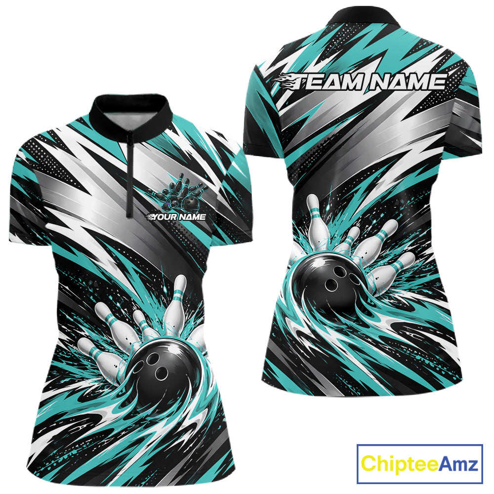 Custom Black And Teal Flame Bowling Jersey, Bowling Quarter-Zip Team Shirt